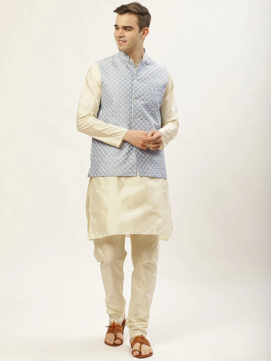Jompers Men's Embroidered Nehru Jacket & Kurta Pyjama ( JOKPWC W-D 4029Grey )