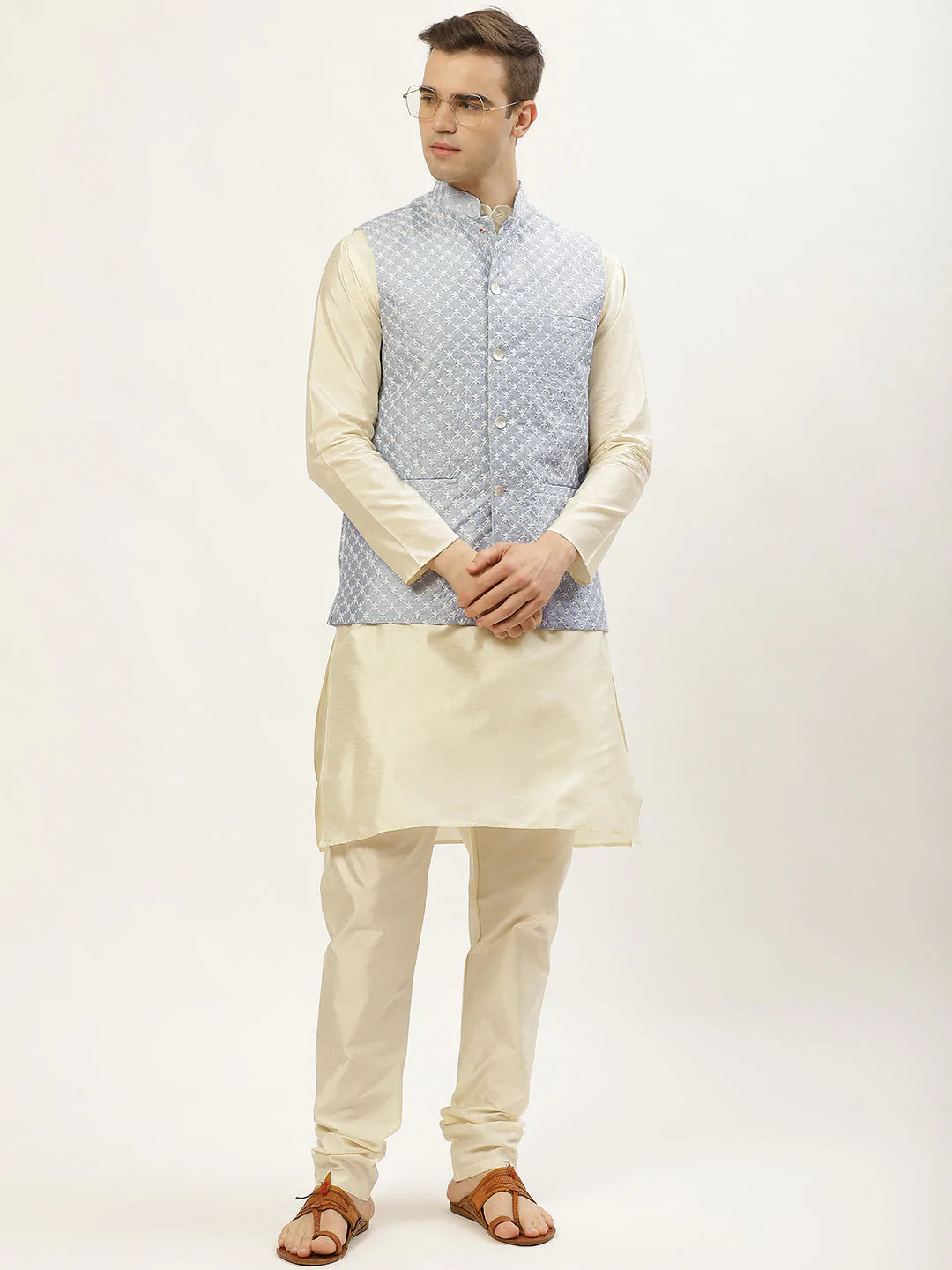 Jompers Men's Embroidered Nehru Jacket & Kurta Pyjama ( JOKPWC W-D 4029Grey )