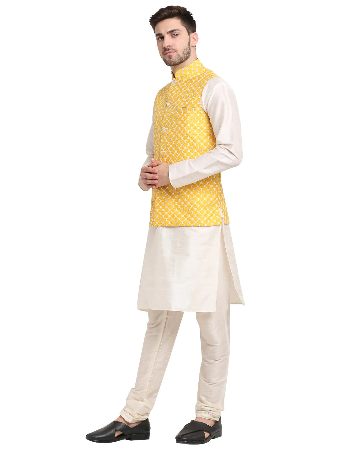 Jompers Men's Embroidered Nehru Jacket & Kurta Pyjama ( JOKPWC W-D 4029Mustard )