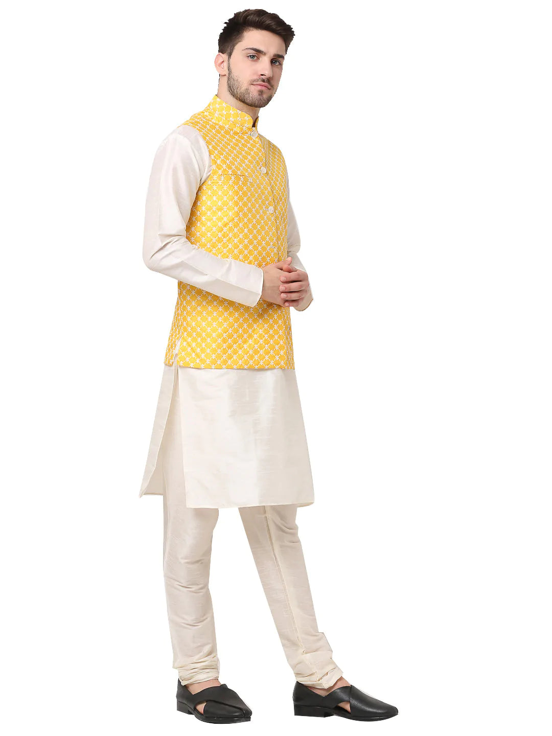 Jompers Men's Embroidered Nehru Jacket & Kurta Pyjama ( JOKPWC W-D 4029Mustard )