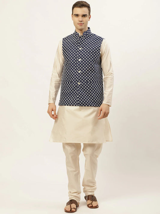 Jompers Men's Embroidered Nehru Jacket & Kurta Pyjama ( JOKPWC W-D 4029Navy )