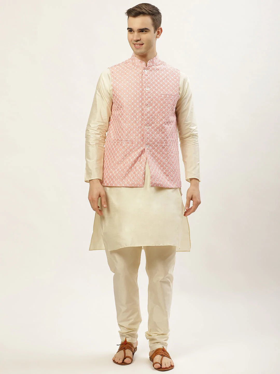 Jompers Men's Embroidered Nehru Jacket & Kurta Pyjama ( JOKPWC W-D 4029Peach )