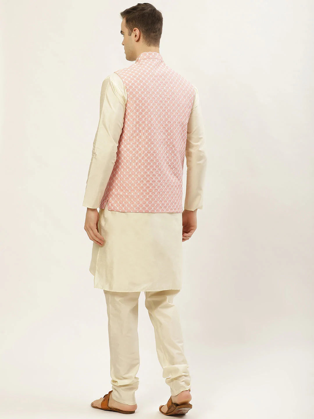 Jompers Men's Embroidered Nehru Jacket & Kurta Pyjama ( JOKPWC W-D 4029Peach )