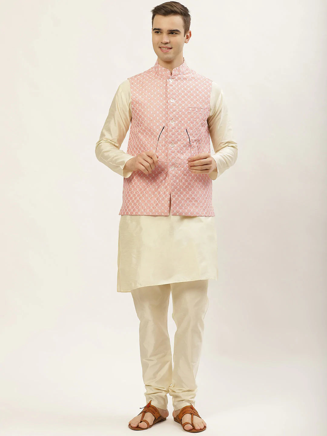 Jompers Men's Embroidered Nehru Jacket & Kurta Pyjama ( JOKPWC W-D 4029Peach )