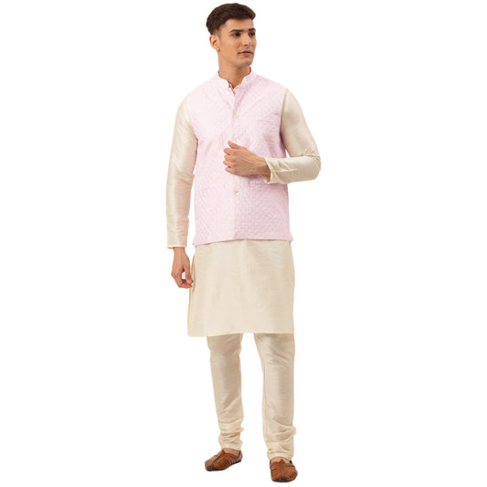 Men's Woven Design Nehru Jacket and Kurta Pyjama Set ( JOKPWC W-D 4029Pink )
