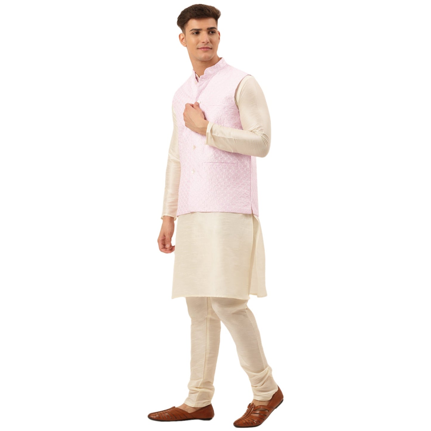 Men's Woven Design Nehru Jacket and Kurta Pyjama Set ( JOKPWC W-D 4029Pink )