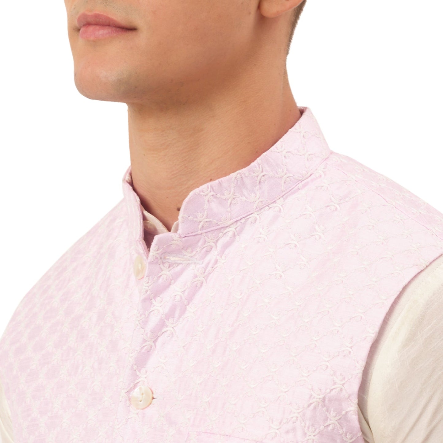 Men's Woven Design Nehru Jacket and Kurta Pyjama Set ( JOKPWC W-D 4029Pink )