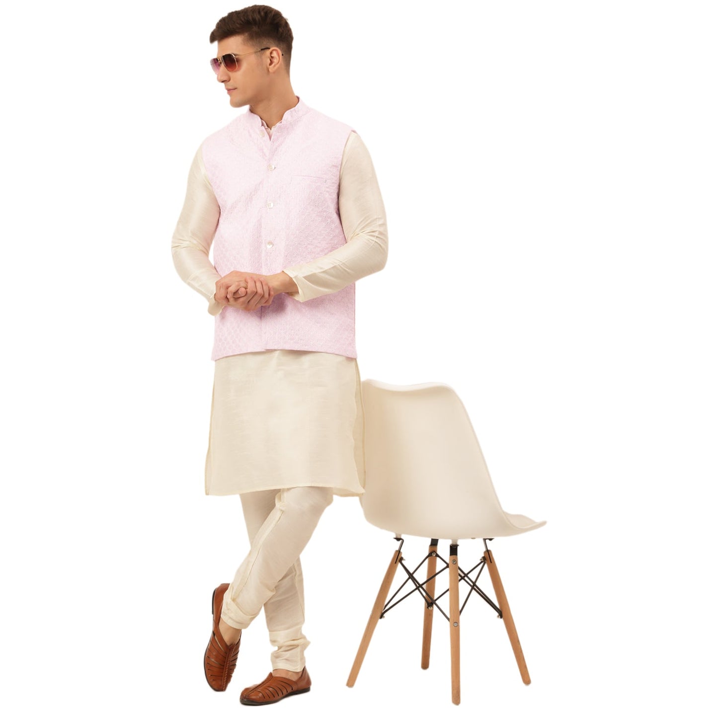 Men's Woven Design Nehru Jacket and Kurta Pyjama Set ( JOKPWC W-D 4029Pink )