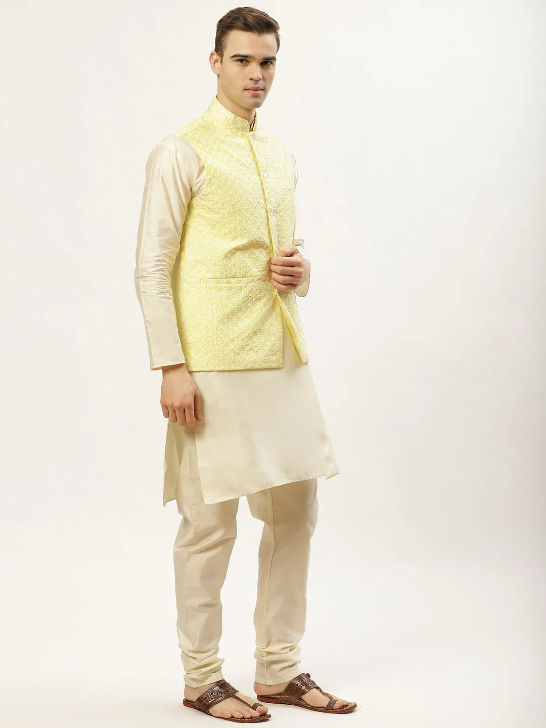 Jompers Men's Embroidered Nehru Jacket & Kurta Pyjama ( JOKPWC W-D 4029Yellow )