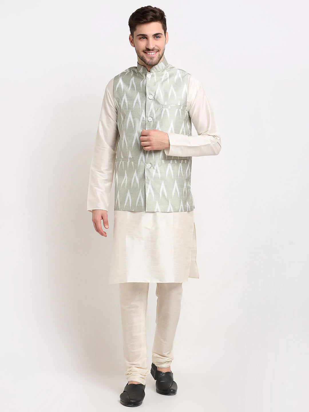 Jompers Men's Ikat Print Nehru Jacket & Kurta Pyjama ( JOKPWC W-D 4030Grey )