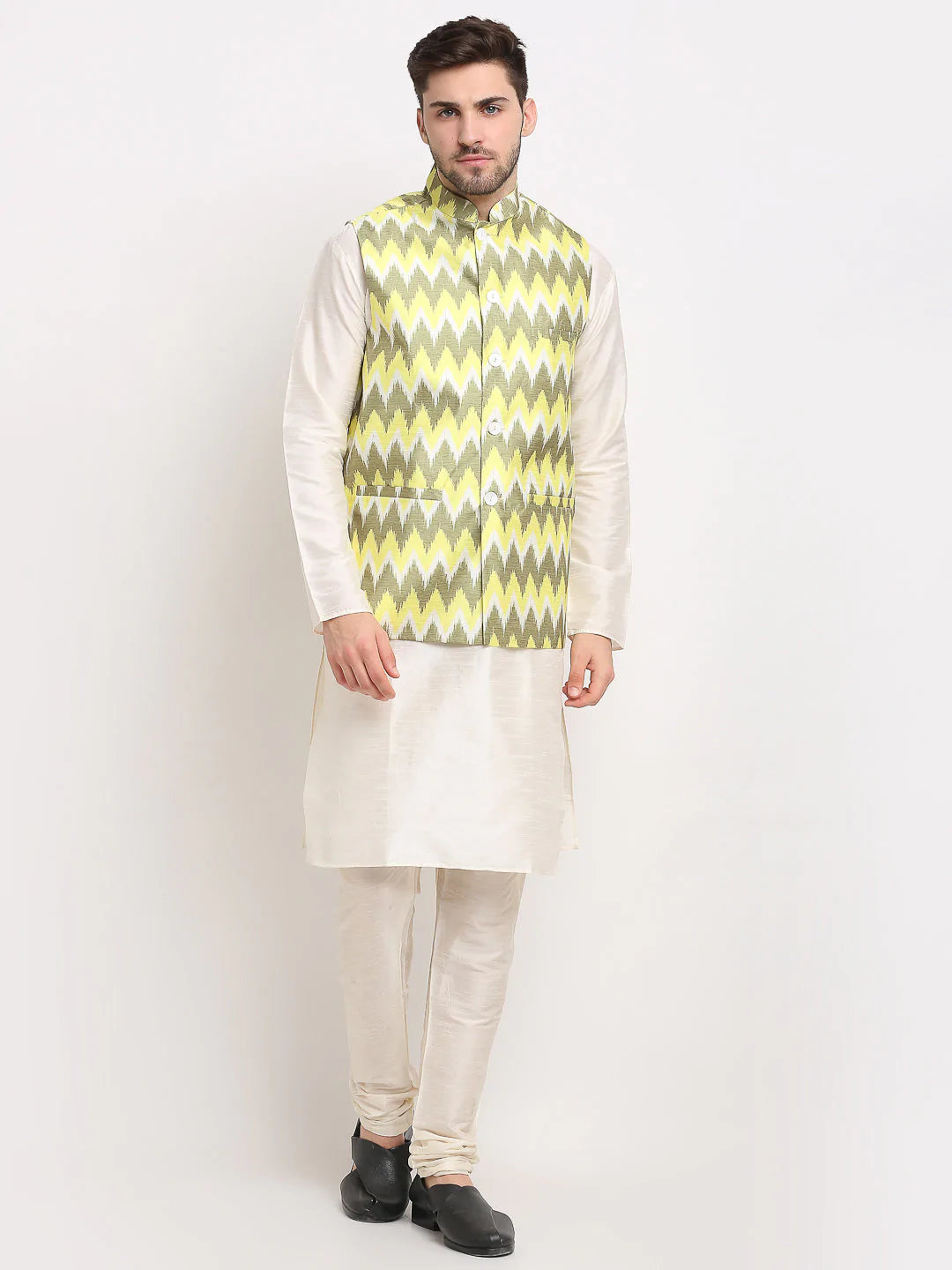 Jompers Men's Ikat Print Nehru Jacket & Kurta Pyjama ( JOKPWC W-D 4030Multi-Olive )