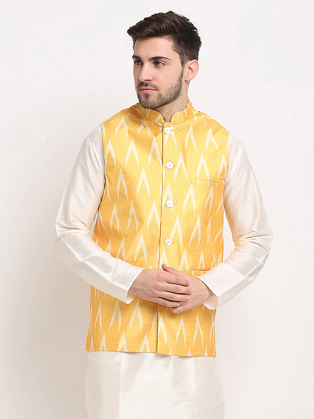 Jompers Men's Mustard Ikat Printed Nehru Jacket ( JOWC 4030Mustard )