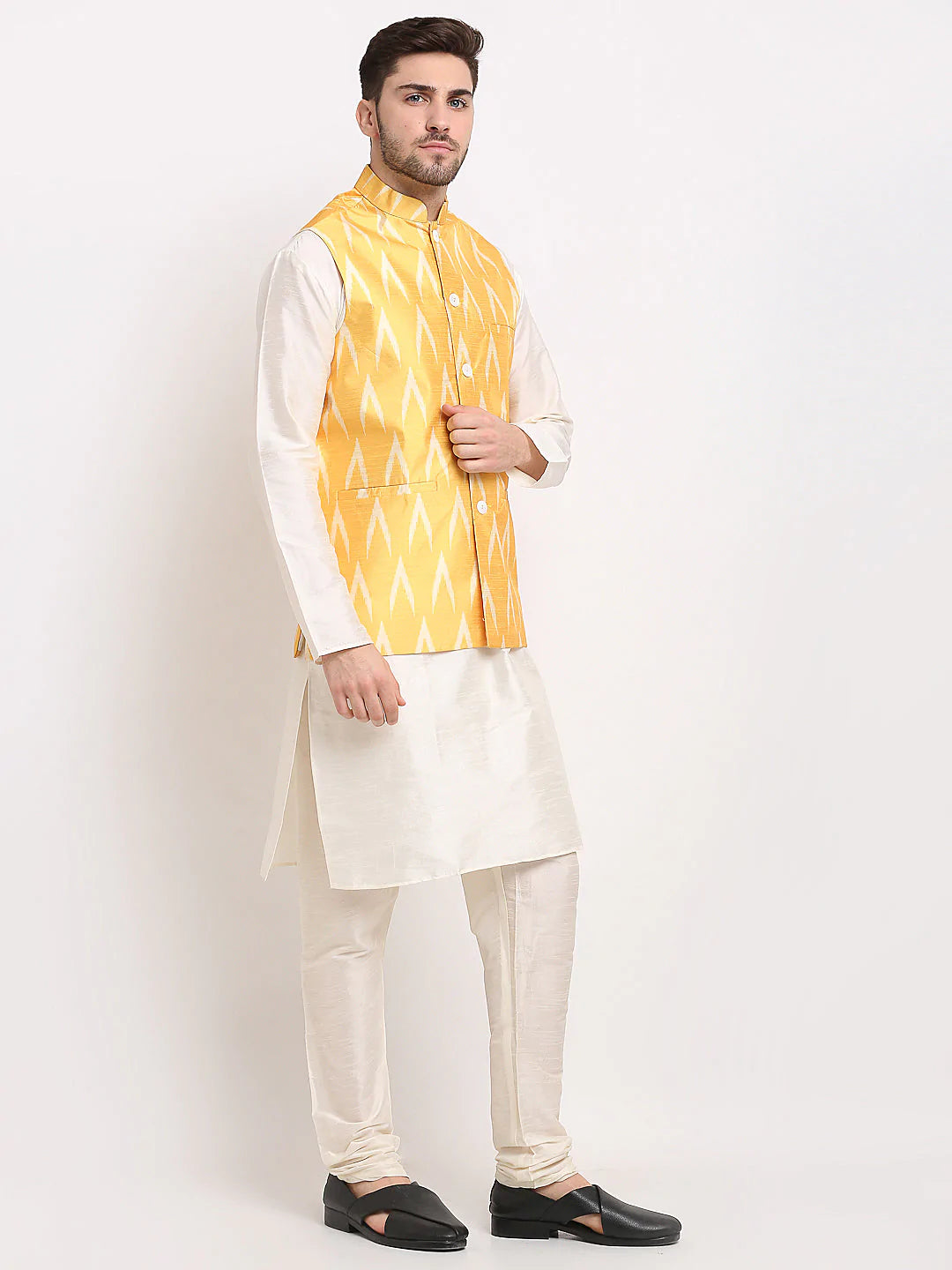 Jompers Men's Mustard Ikat Printed Nehru Jacket ( JOWC 4030Mustard )