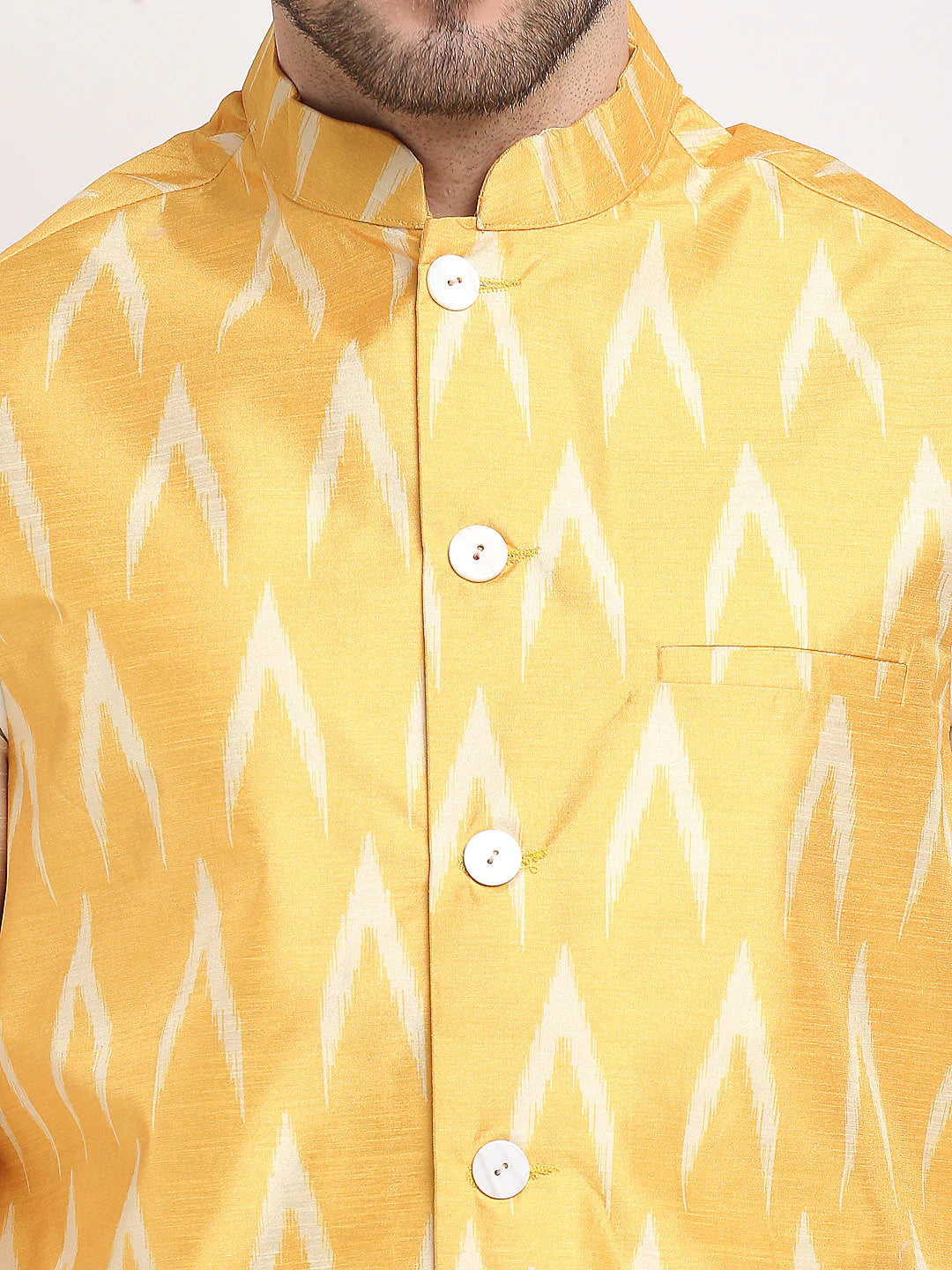 Jompers Men's Mustard Ikat Printed Nehru Jacket ( JOWC 4030Mustard )