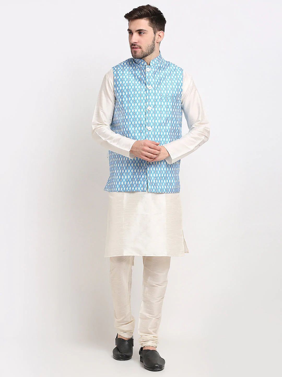 Jompers Men's Ikat Print Nehru Jacket & Kurta Pyjama ( JOKPWC W-D 4030Sky )