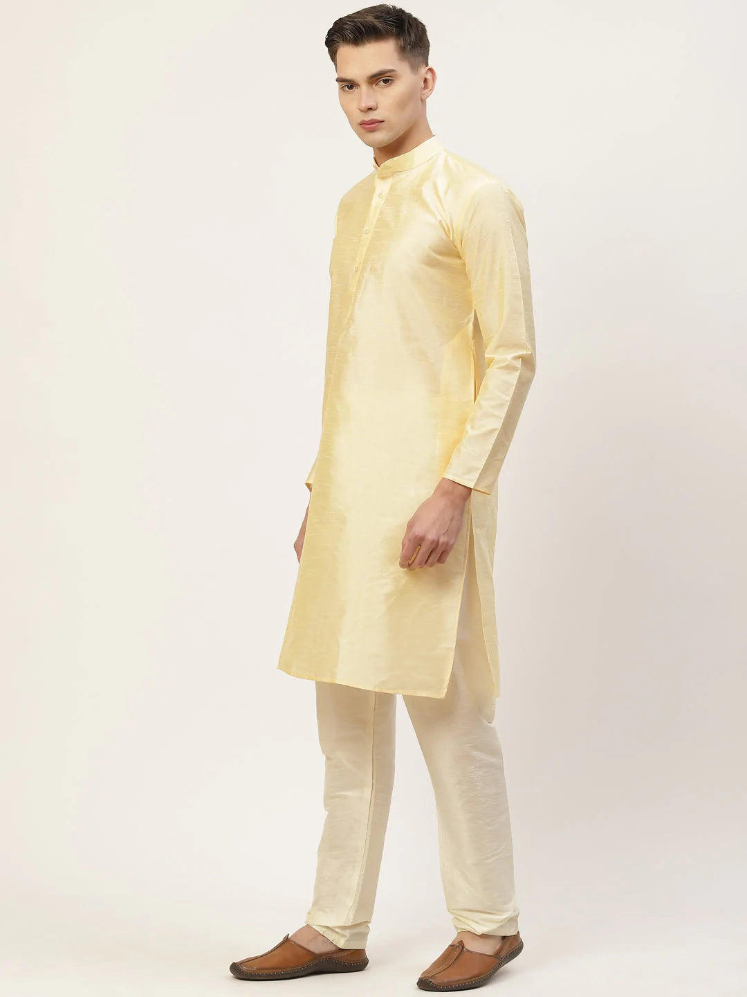 Men's Solid Kurta Pyjama With Floral Mustard Printed Nehru Jacket( JOKPWC G-D 4032Mustard )