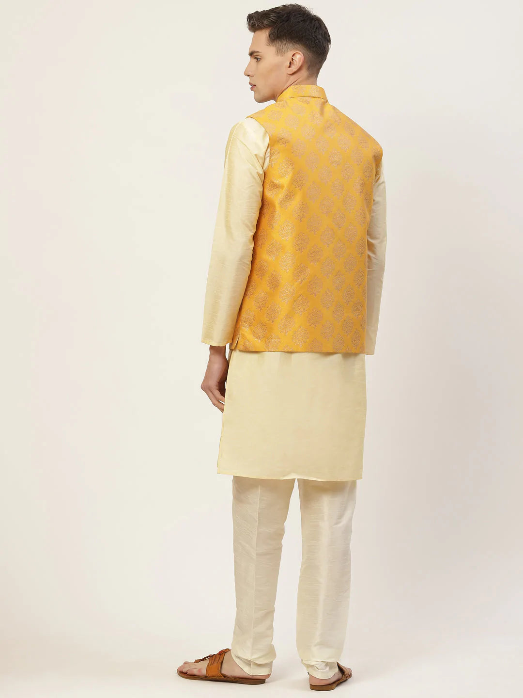 Men's Solid Kurta Pyjama With Floral Mustard Printed Nehru Jacket( JOKPWC G-D 4032Mustard )