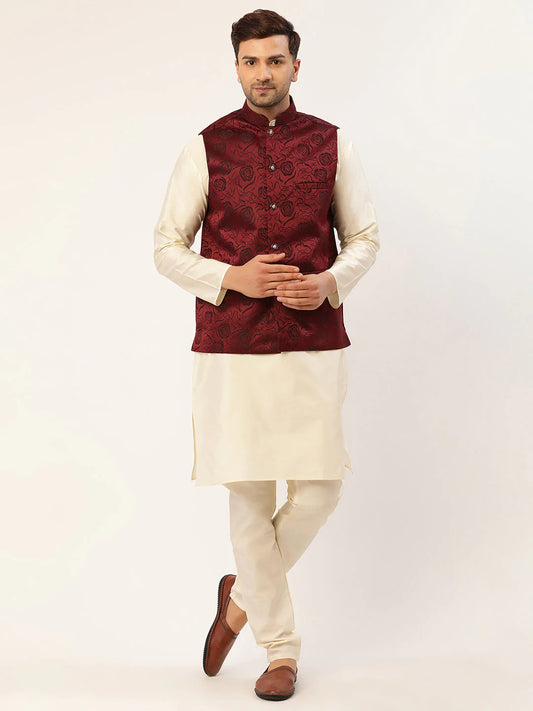 Men's Solid Kurta Pyjama With Maroon Floral Embroidered Nehru Jacket( JOKPWC W-D 4034Maroon )