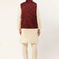 Men's Solid Kurta Pyjama With Maroon Floral Embroidered Nehru Jacket( JOKPWC W-D 4034Maroon )