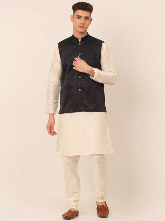 Men's Solid Kurta Pyjama With Floral Embroidered Nehru Jacket ( JOKPWC W-D 4034Navy )