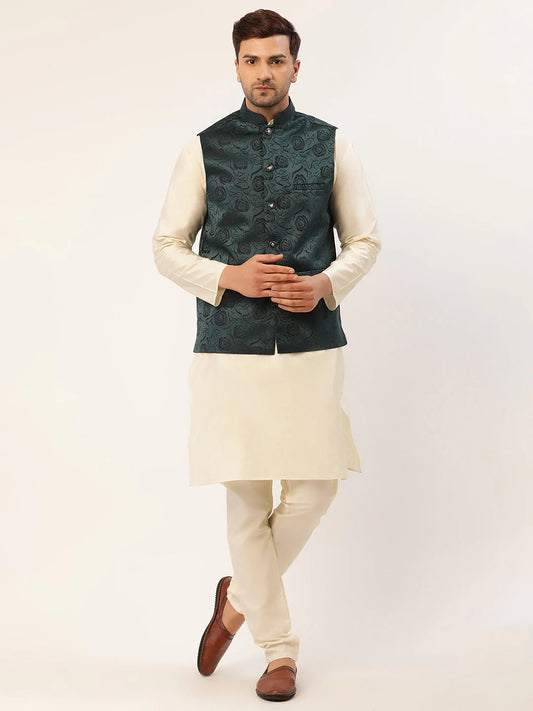 Men's Solid Kurta Pyjama With Teal Floral Embroidered Nehru Jacket( JOKPWC W-D 4034Teal )