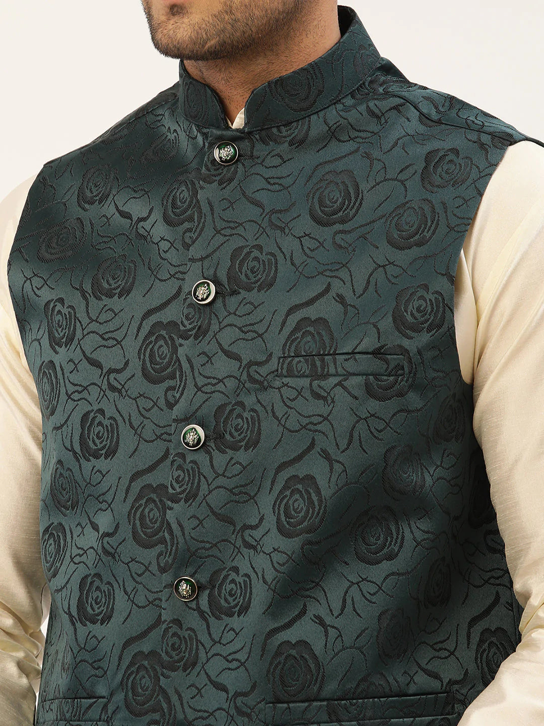 Men's Solid Kurta Pyjama With Teal Floral Embroidered Nehru Jacket( JOKPWC W-D 4034Teal )
