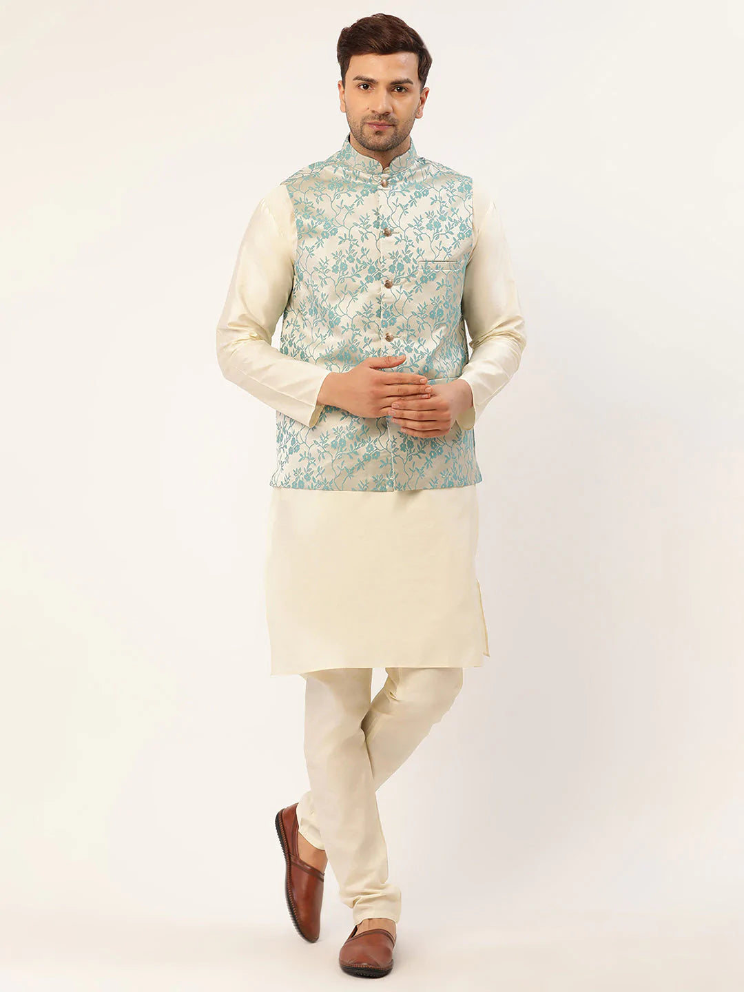 Men's Solid Kurta Pyjama With Blue Floral Embroidered Nehru Jacket( JOKPWC W-D 4035Blue )