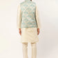 Men's Solid Kurta Pyjama With Blue Floral Embroidered Nehru Jacket( JOKPWC W-D 4035Blue )
