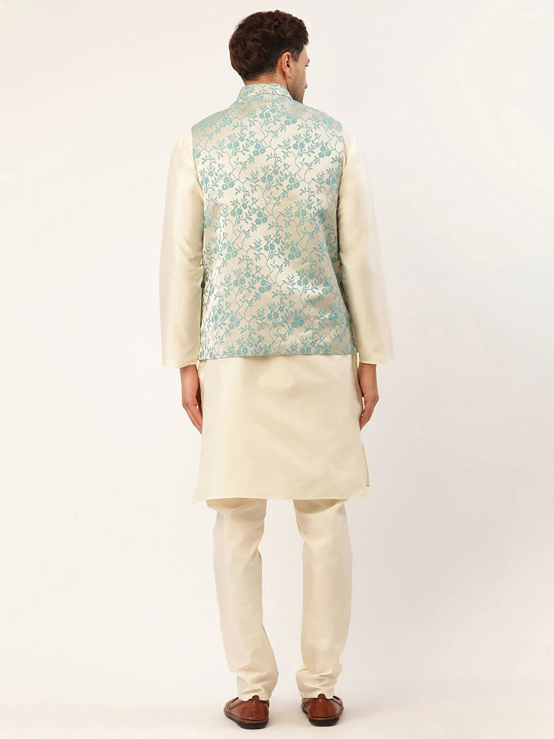 Men's Solid Kurta Pyjama With Blue Floral Embroidered Nehru Jacket( JOKPWC W-D 4035Blue )