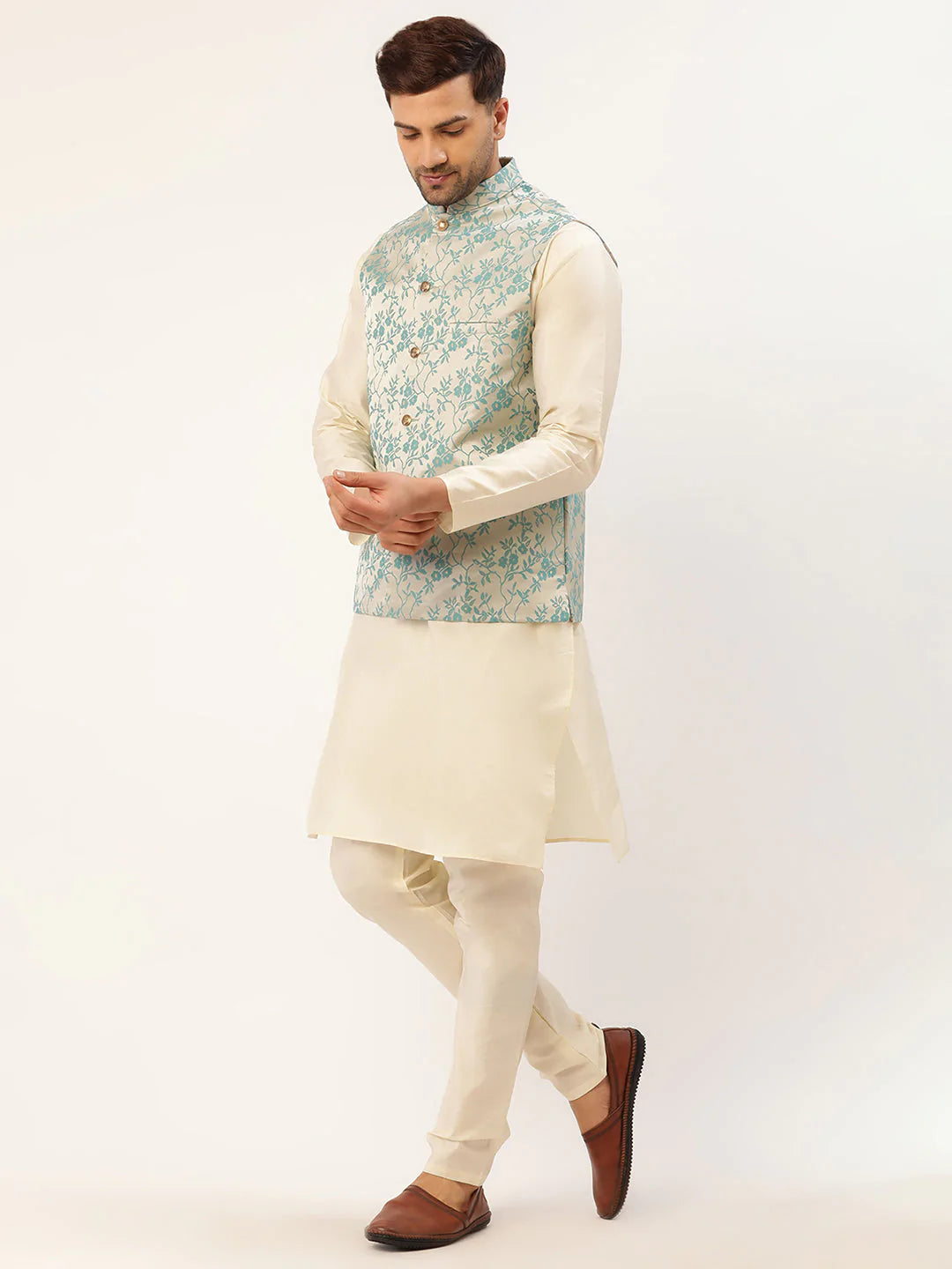Men's Solid Kurta Pyjama With Blue Floral Embroidered Nehru Jacket( JOKPWC W-D 4035Blue )
