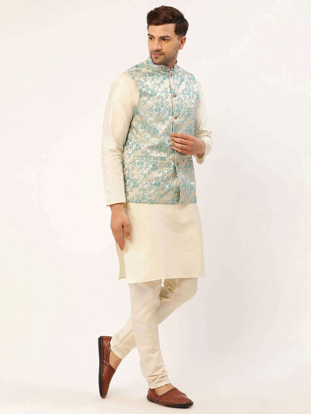 Men's Solid Kurta Pyjama With Blue Floral Embroidered Nehru Jacket( JOKPWC W-D 4035Blue )