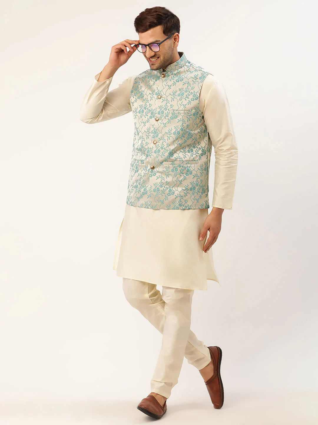 Men's Solid Kurta Pyjama With Blue Floral Embroidered Nehru Jacket( JOKPWC W-D 4035Blue )