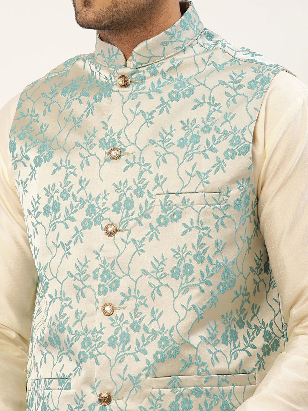 Men's Solid Kurta Pyjama With Blue Floral Embroidered Nehru Jacket( JOKPWC W-D 4035Blue )