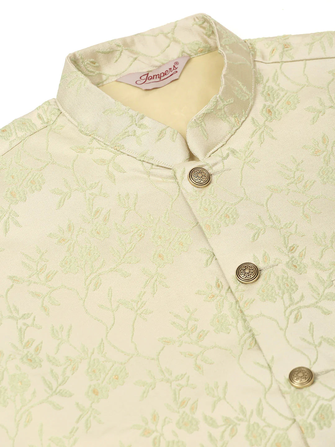 Men's Solid Kurta Pyjama With Pista Green Floral Embroidered Nehru Jacket( JOKPWC W-D 4035Pista )