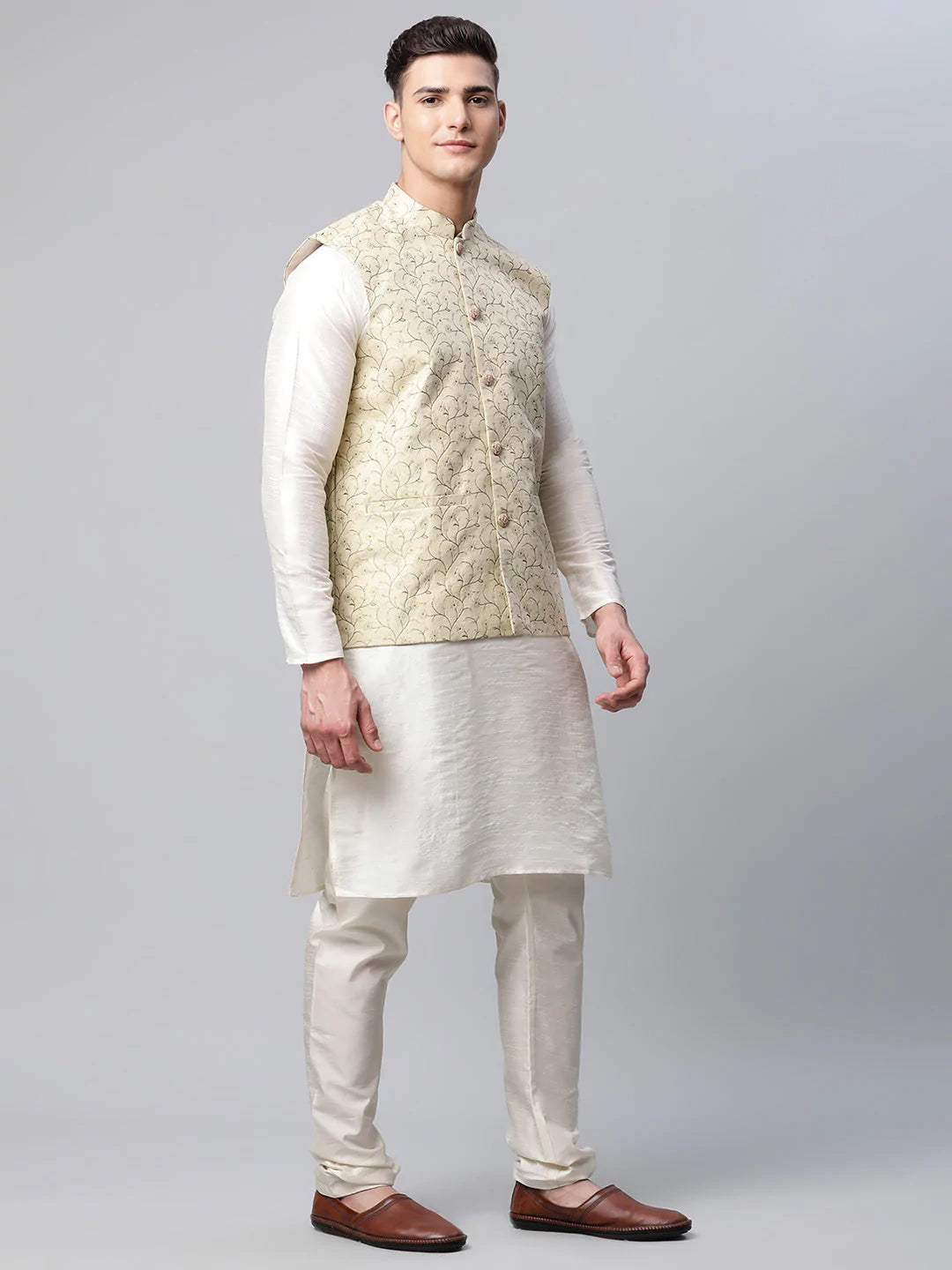 Men Dupion Silk Kurta Pyjama With Beige Printed Nehru Jacket( JOKPWC W-D 4039Beige )