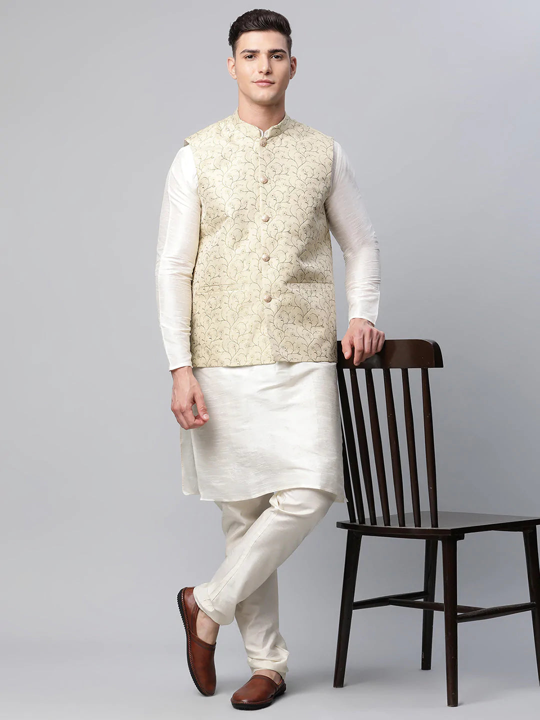 Men Dupion Silk Kurta Pyjama With Beige Printed Nehru Jacket( JOKPWC W-D 4039Beige )