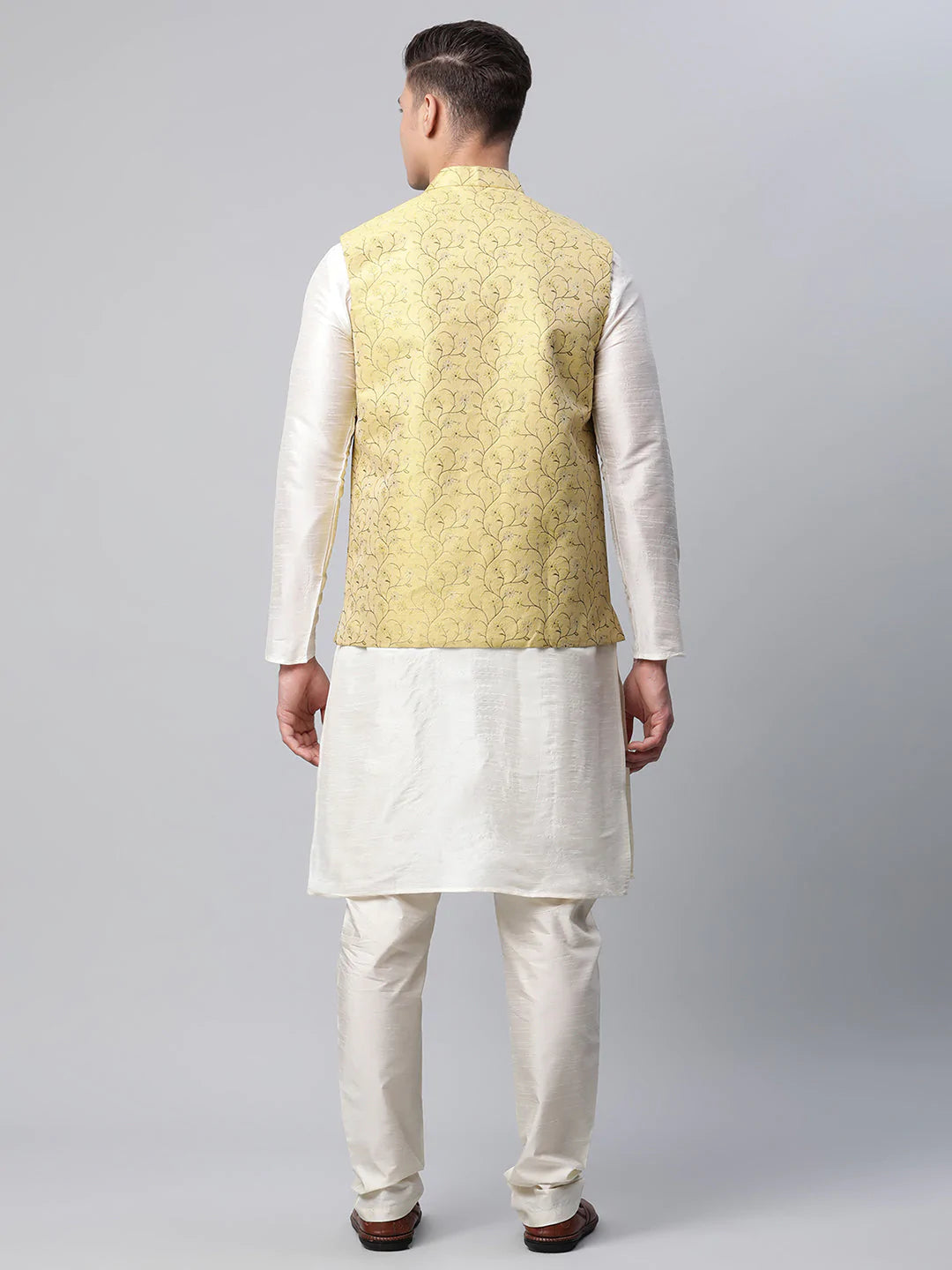 Men Dupion Silk Kurta Pyjama With Lemon Printed Nehru Jacket( JOKPWC W-D 4039Lemon )