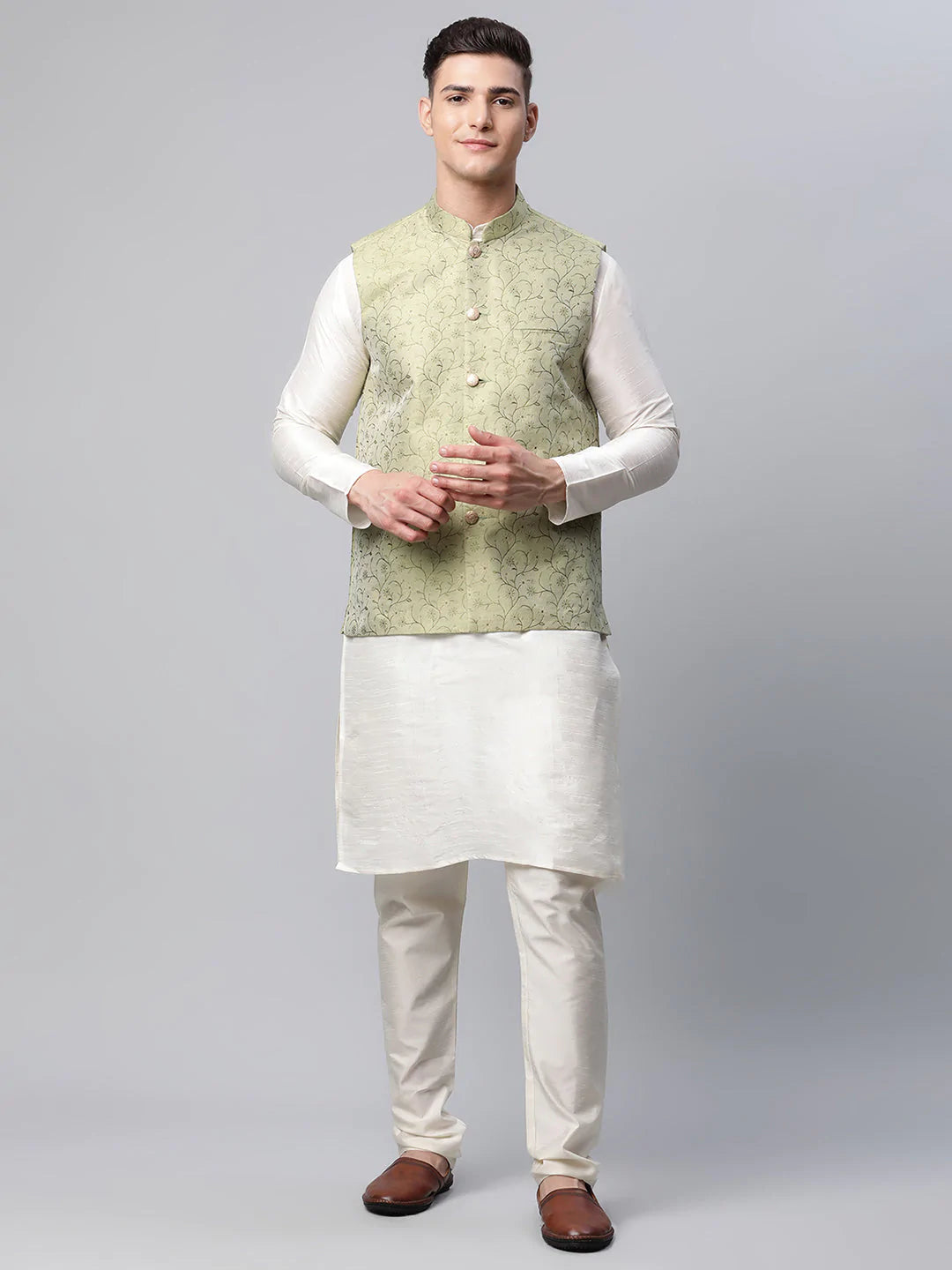 Men Dupion Silk Kurta Pyjama With Pista Green Printed Nehru Jacket( JOKPWC W-D 4039Pista )