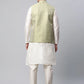 Men Dupion Silk Kurta Pyjama With Pista Green Printed Nehru Jacket( JOKPWC W-D 4039Pista )