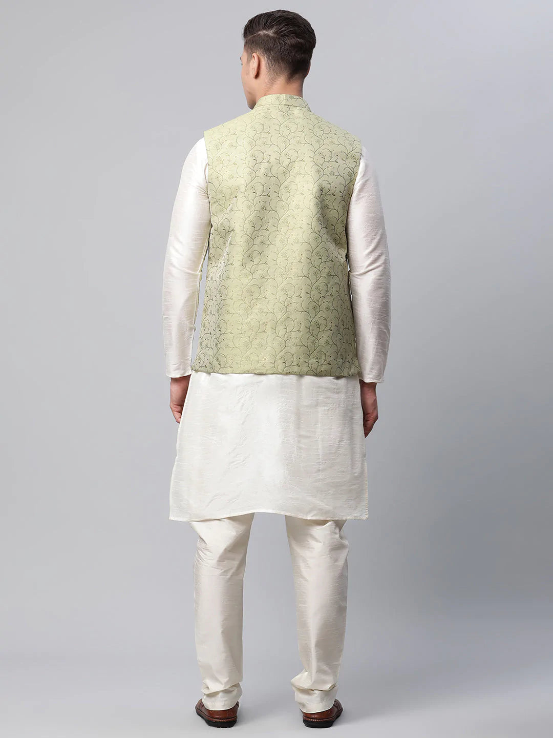 Men Dupion Silk Kurta Pyjama With Pista Green Printed Nehru Jacket( JOKPWC W-D 4039Pista )