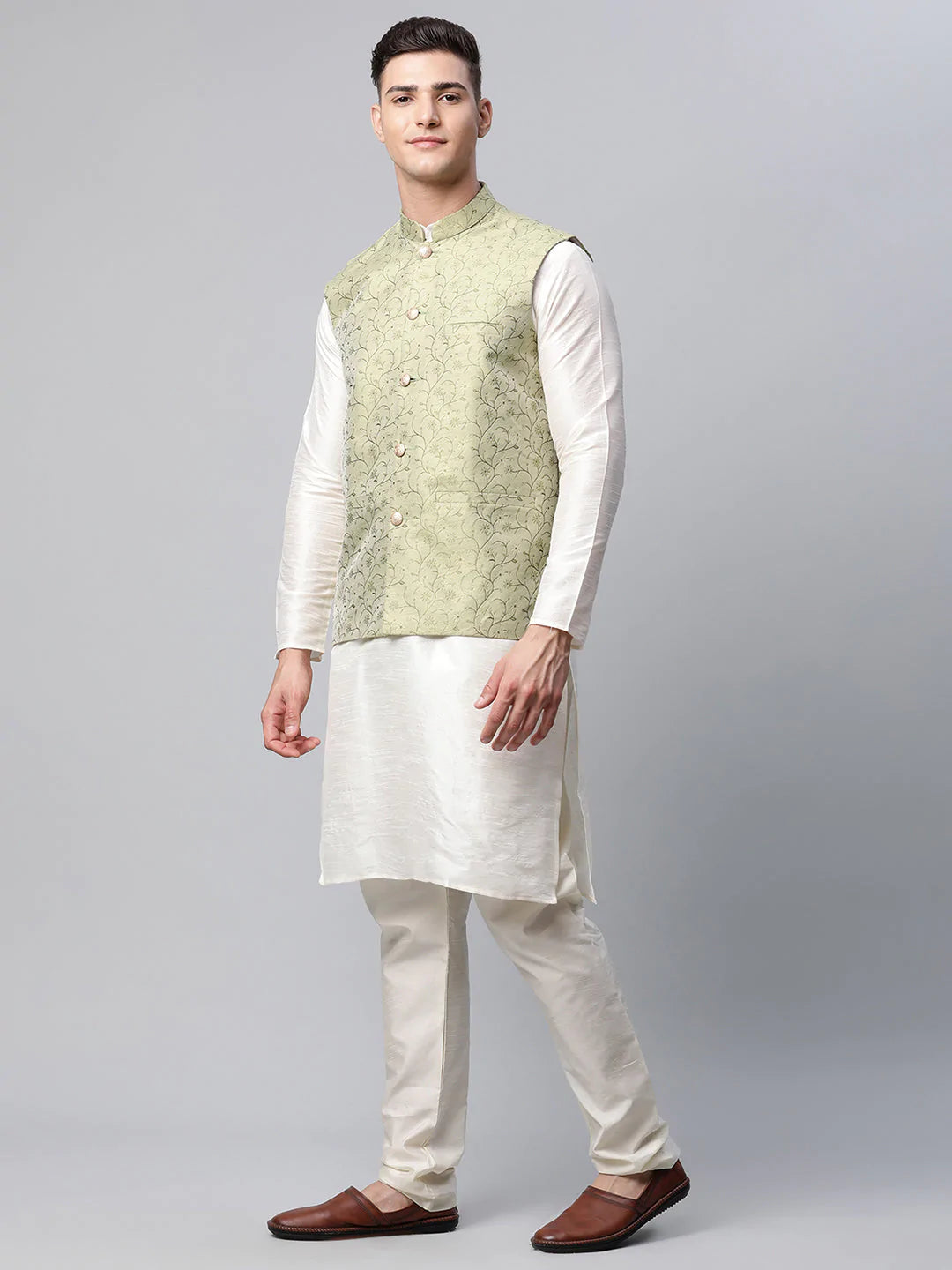 Men Dupion Silk Kurta Pyjama With Pista Green Printed Nehru Jacket( JOKPWC W-D 4039Pista )