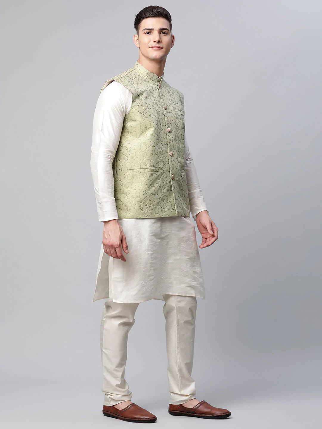 Men Dupion Silk Kurta Pyjama With Pista Green Printed Nehru Jacket( JOKPWC W-D 4039Pista )
