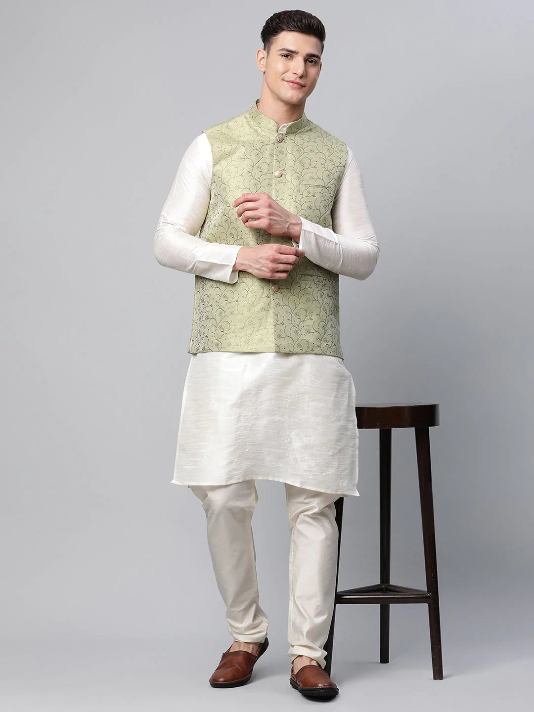 Men Dupion Silk Kurta Pyjama With Pista Green Printed Nehru Jacket( JOKPWC W-D 4039Pista )