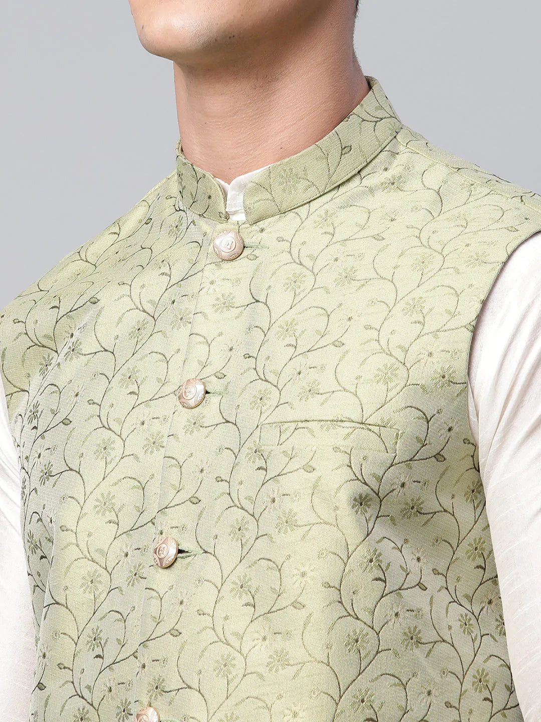 Men Dupion Silk Kurta Pyjama With Pista Green Printed Nehru Jacket( JOKPWC W-D 4039Pista )