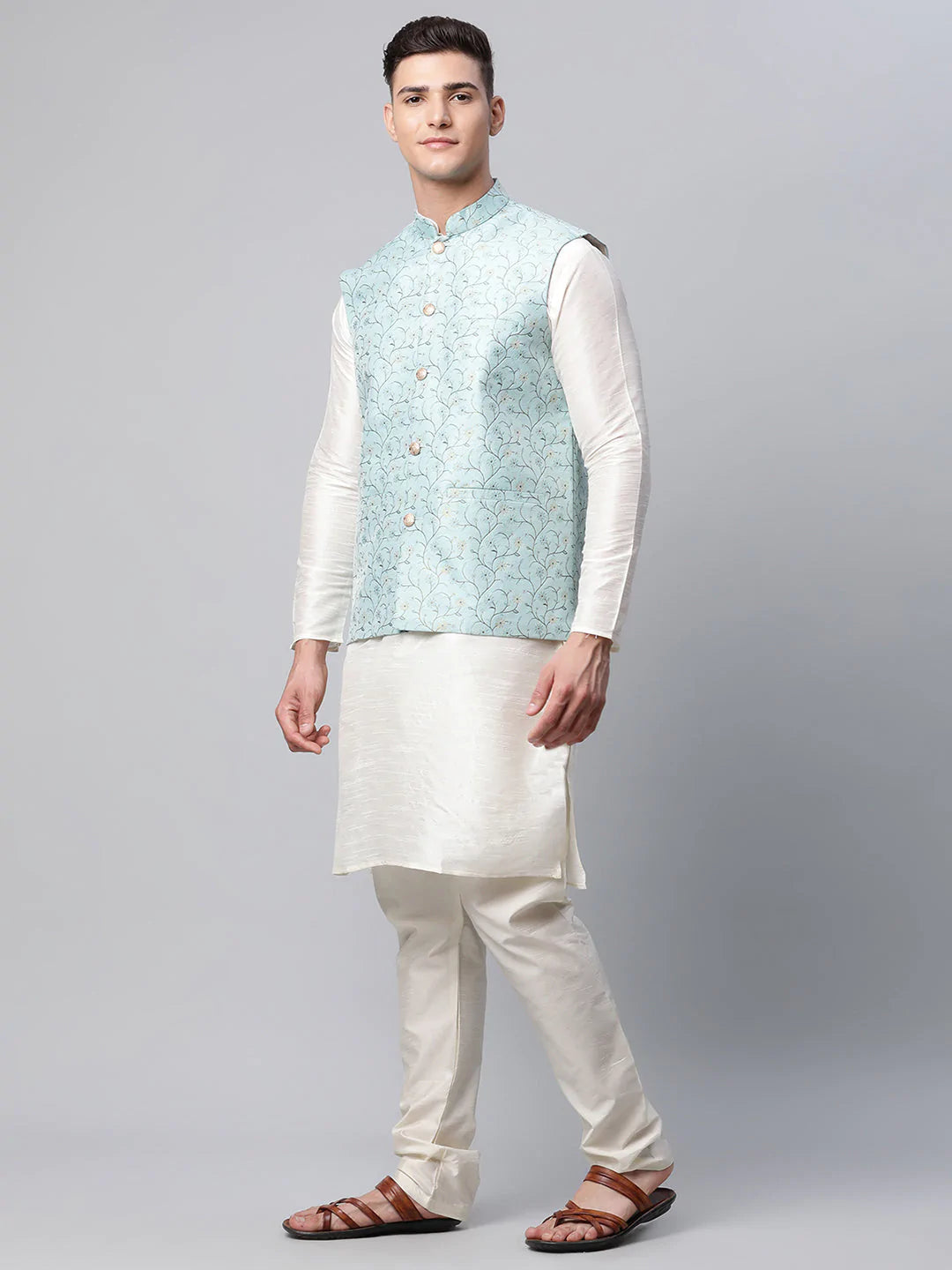 Men Dupion Silk Kurta Pyjama With Sky Blue Printed Nehru Jacket( JOKPWC W-D 4039Sky )