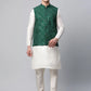 Men Dupion Silk Kurta Pyjama With Green Mirror Work Nehru Jacket( JOKPWC W-D 4040Green )
