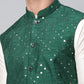 Men Dupion Silk Kurta Pyjama With Green Mirror Work Nehru Jacket( JOKPWC W-D 4040Green )