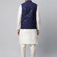 Men Dupion Silk Kurta Pyjama With Navy Mirror Work Nehru Jacket( JOKPWC W-D 4040Navy )