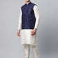 Men Dupion Silk Kurta Pyjama With Navy Mirror Work Nehru Jacket( JOKPWC W-D 4040Navy )
