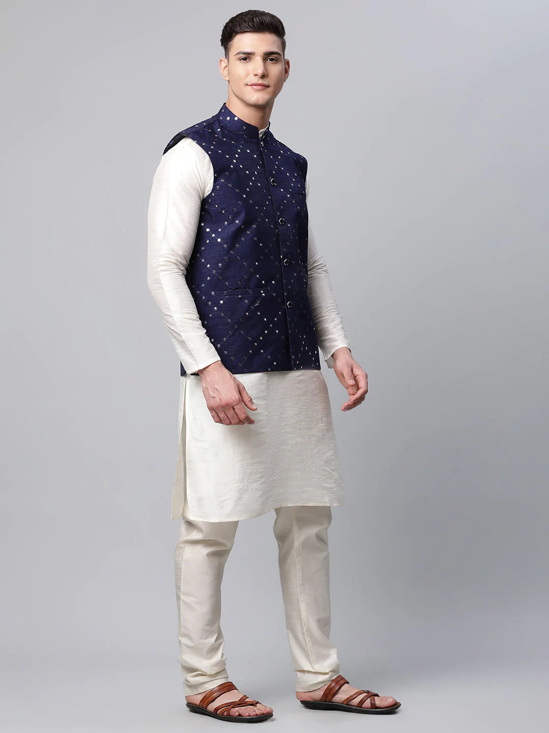 Men Dupion Silk Kurta Pyjama With Navy Mirror Work Nehru Jacket( JOKPWC W-D 4040Navy )